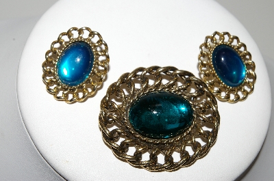+MBA #99-088  "Vintage Antiqued Goldtone Blue Glass Pin & Earring Set"