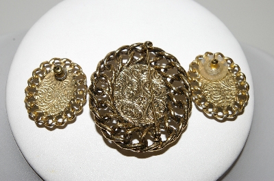 +MBA #99-088  "Vintage Antiqued Goldtone Blue Glass Pin & Earring Set"