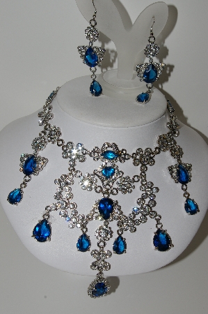 +MBA #99-488  "Vintage Large & Very Fancy Blue & Clear Crystal Necklace & Matching Pierced Earrings