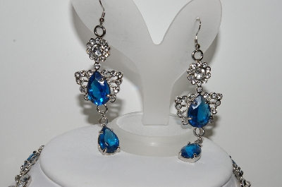 +MBA #99-488  "Vintage Large & Very Fancy Blue & Clear Crystal Necklace & Matching Pierced Earrings