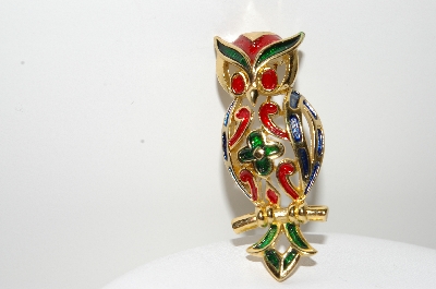 +MBA #99-032  "Trifari Goldtone Enameled Owl Pin"