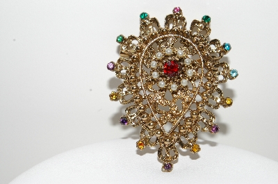 +MBA #99-322  "Vintage Goldtone Faux Pearl & Mulri Colored Rhinestone Pin"