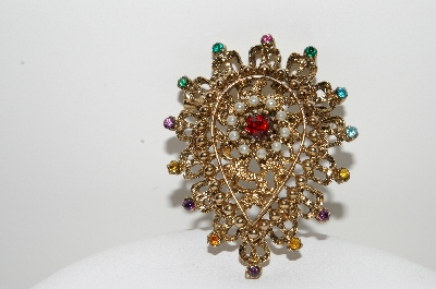 +MBA #99-322  "Vintage Goldtone Faux Pearl & Mulri Colored Rhinestone Pin"
