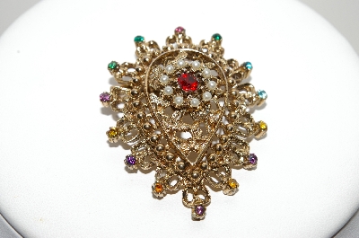 +MBA #99-322  "Vintage Goldtone Faux Pearl & Mulri Colored Rhinestone Pin"