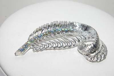 +MBA #99-099  "Signed Vintage Silvertone AB Crystal Rhinestone Leaf Pin"