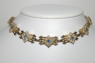 +MBA #99-094  "Vintage Goldtone Fancy Blue & Clear Crystal Rhinestone Necklace"