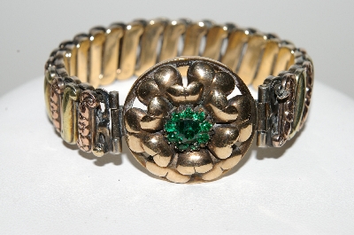 +MBA #99-091  "Lustern 1940's Gold & Sterling Green Crystal Rhinestone Bracelet"