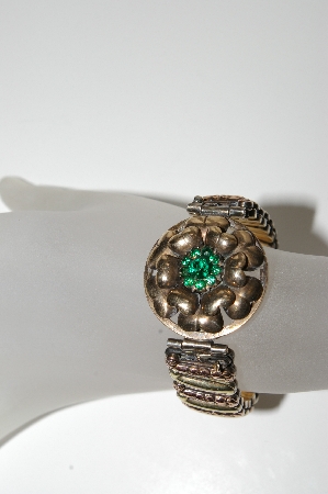 +MBA #99-091  "Lustern 1940's Gold & Sterling Green Crystal Rhinestone Bracelet"