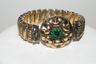 +MBA #99-091  "Lustern 1940's Gold & Sterling Green Crystal Rhinestone Bracelet"