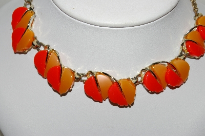 +MBA #99-052  "Vintage Goldtone Two Shades Of Orange Thermoplastic Necklace & Earrings Set"