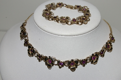 +MBA #99-168  "Vintage Gold Filled Purple Crystal Rhinestone Floral  Necklace & Bracelet Set"