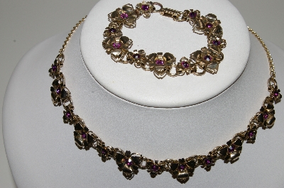 +MBA #99-168  "Vintage Gold Filled Purple Crystal Rhinestone Floral  Necklace & Bracelet Set"
