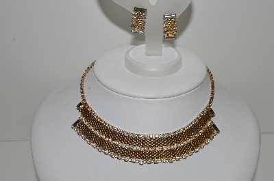 +MBA #99-096  "Vintage Goldtone Mesh Style Crystal Choker & Matching Earrings Set"