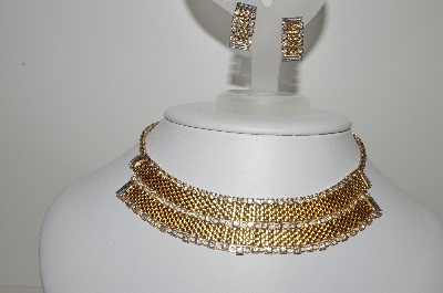 +MBA #99-096  "Vintage Goldtone Mesh Style Crystal Choker & Matching Earrings Set"