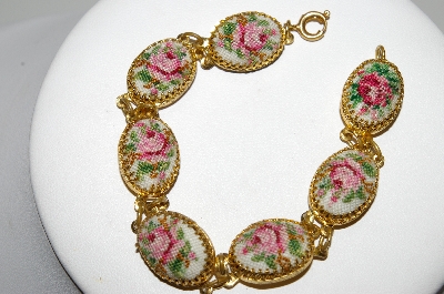 +MBA #99-010  "Vintage Goldtone Rose Needlepoint Bracelet"