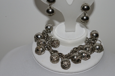 +MBA #99-047  "Vintage Silvertone Fancy Bead Bracelet & Matching Earring Set"