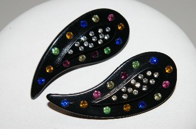 +MBA #41E-116  "Vintage Black Acrylic Multi Colored Crystal Rhinestone Earrings"