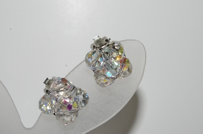 +MBA #41E-161  "Vintage Silvertone 5 Bead AB Crystal Clip On Earrings"