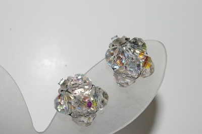 +MBA #41E-161  "Vintage Silvertone 5 Bead AB Crystal Clip On Earrings"
