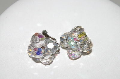 +MBA #41E-161  "Vintage Silvertone 5 Bead AB Crystal Clip On Earrings"