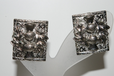 +MBA #41E-130  "Vintage Silvertone Square Fancy Clip On Earrings"