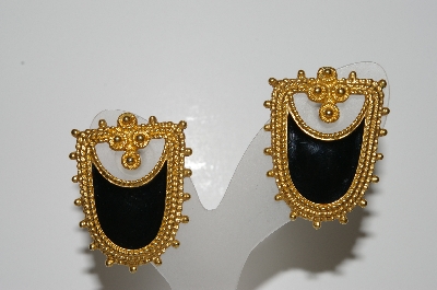+MBA #41E-110  "Vintage Goldtone Black Enamel Pierced Earrings"
