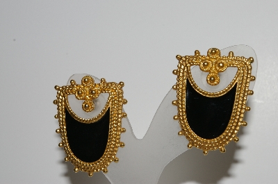 +MBA #41E-110  "Vintage Goldtone Black Enamel Pierced Earrings"