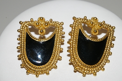 +MBA #41E-110  "Vintage Goldtone Black Enamel Pierced Earrings"