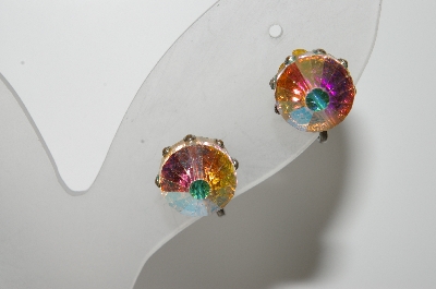 +MBA #41E-184  "Vintage Fancy Cut AB Crystal Screw Back Earrings"