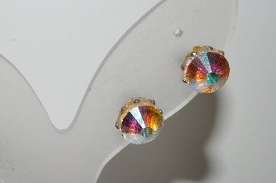+MBA #41E-184  "Vintage Fancy Cut AB Crystal Screw Back Earrings"
