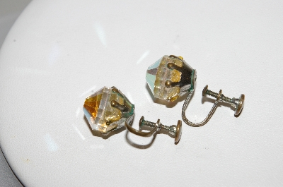 +MBA #41E-184  "Vintage Fancy Cut AB Crystal Screw Back Earrings"