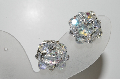 +MBA #41E-076  "Vintage Silvertone 9 Bead AB Crystal Clip On Earrings"