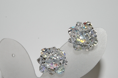 +MBA #41E-076  "Vintage Silvertone 9 Bead AB Crystal Clip On Earrings"