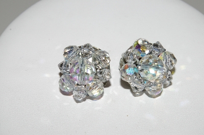 +MBA #41E-076  "Vintage Silvertone 9 Bead AB Crystal Clip On Earrings"