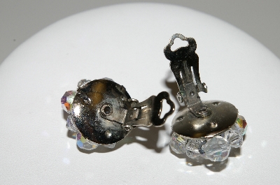 +MBA #41E-076  "Vintage Silvertone 9 Bead AB Crystal Clip On Earrings"