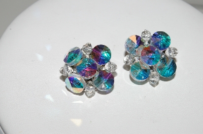 +MBA #41E-191  "Vintage Fancy Disk AB Crystal Clip On Earrings"