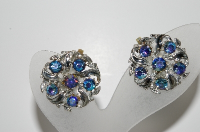 +MBA #41E-218  "Vintage Silvertone Peacock Colored AB Crystal Clip On Earrings"