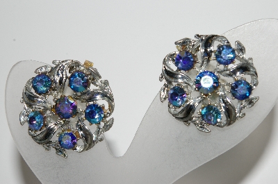 +MBA #41E-218  "Vintage Silvertone Peacock Colored AB Crystal Clip On Earrings"