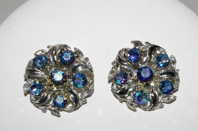 +MBA #41E-218  "Vintage Silvertone Peacock Colored AB Crystal Clip On Earrings"