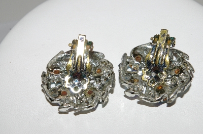+MBA #41E-218  "Vintage Silvertone Peacock Colored AB Crystal Clip On Earrings"