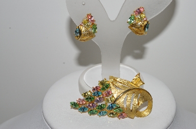 +MBA #41E-258  "Vintage Goldtone Pastel Colored Crystal Rhinestone Pin & Matching Earrings Set"
