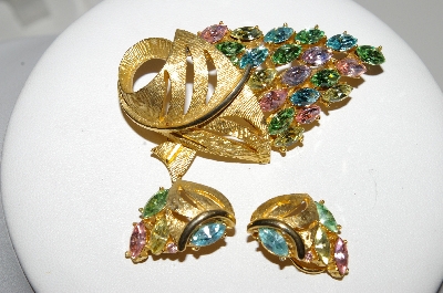 +MBA #41E-258  "Vintage Goldtone Pastel Colored Crystal Rhinestone Pin & Matching Earrings Set"