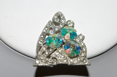 +MBA #41E-224  "Vintage Silvertone Clear Rhinestone & AB Crystal Flower Bead Clip"