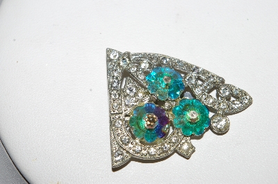 +MBA #41E-224  "Vintage Silvertone Clear Rhinestone & AB Crystal Flower Bead Clip"