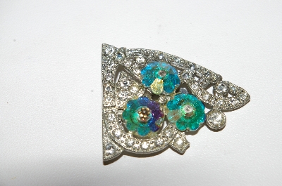 +MBA #41E-224  "Vintage Silvertone Clear Rhinestone & AB Crystal Flower Bead Clip"