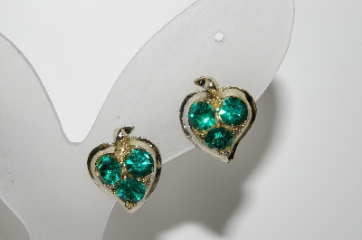 +MBA #41E-052  "Vintage Silvertone Green Crystal Rhinestone Heart Shaped Earrings"