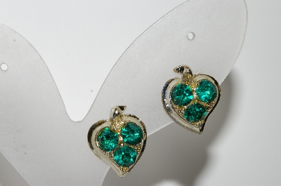 +MBA #41E-052  "Vintage Silvertone Green Crystal Rhinestone Heart Shaped Earrings"