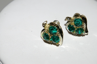 +MBA #41E-052  "Vintage Silvertone Green Crystal Rhinestone Heart Shaped Earrings"