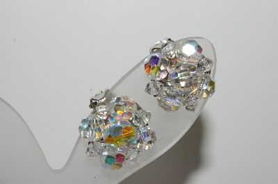 +MBA #41E-033  "Vintage Silvertone AB Crystal 9 Bead Cluster Clip On Earrings"