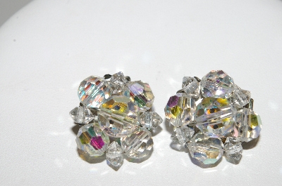 +MBA #41E-033  "Vintage Silvertone AB Crystal 9 Bead Cluster Clip On Earrings"